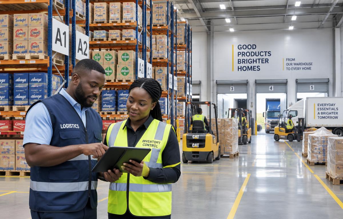 High-bay distribution warehouse with pallets staged for dispatch